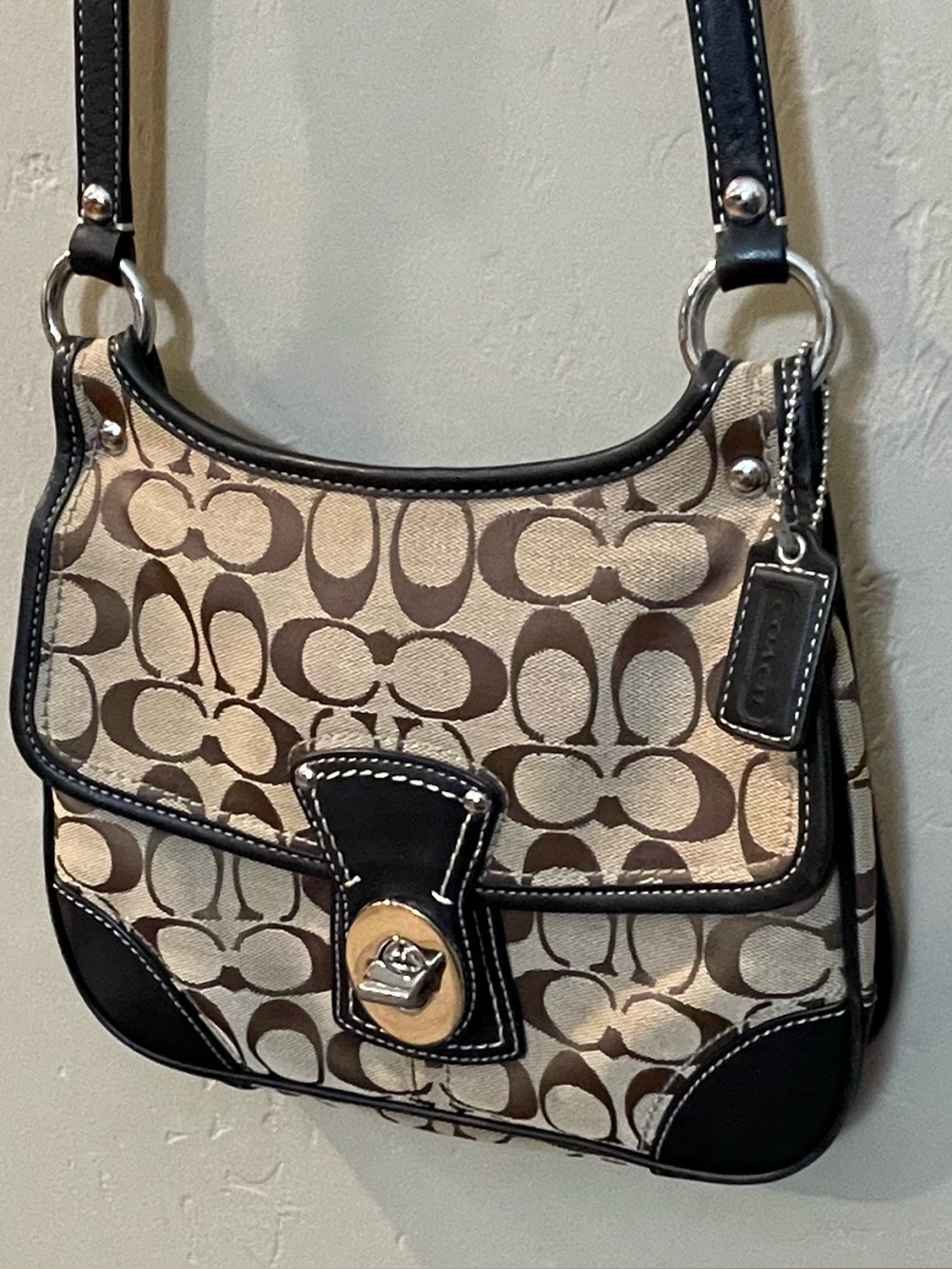 Y2k Coach Khaki Black Signature Canvas Crossbody Leather Trim soho turn lock